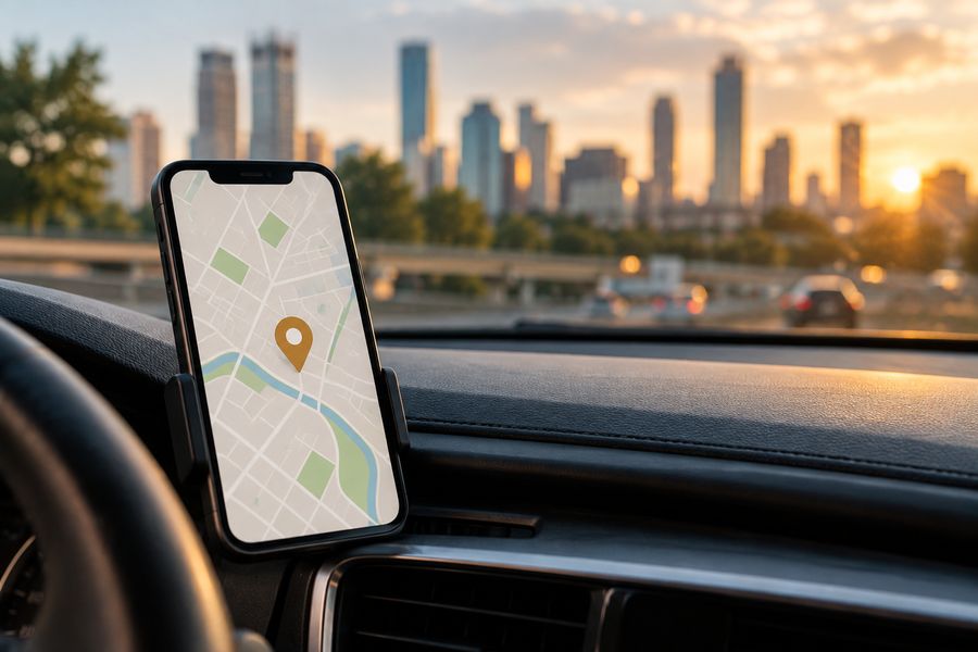 Phone showing a map pin mounted on a car dashboard with the Houston skyline at sunrise through the windshield