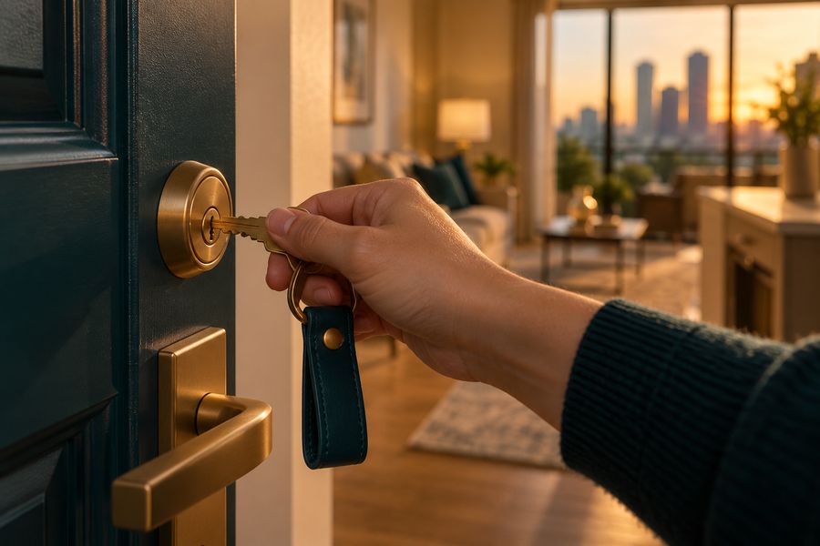 Hand holding a key to a door lock in evening light, furnished living room visible through the doorway
