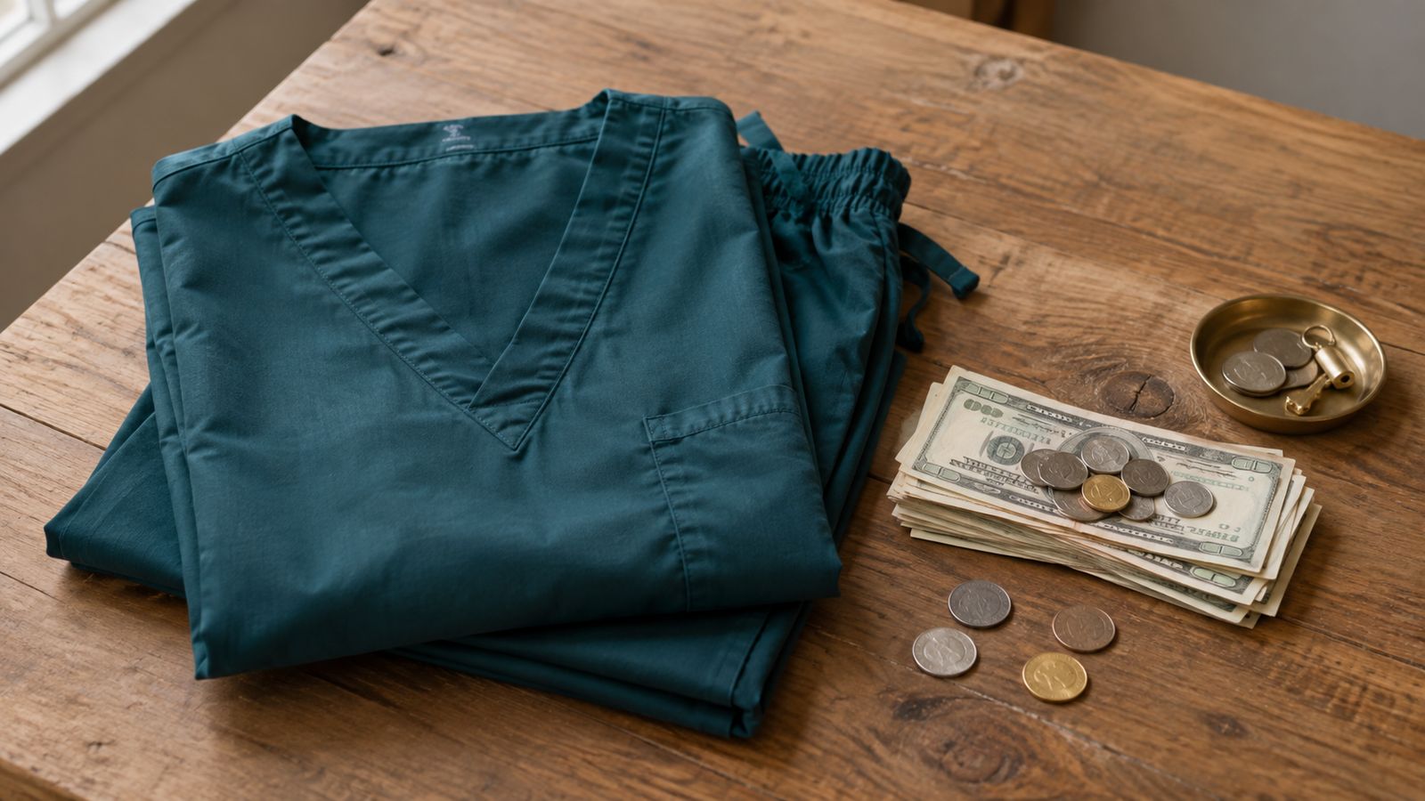 Folded scrubs next to a stack of cash and coins on a wooden table