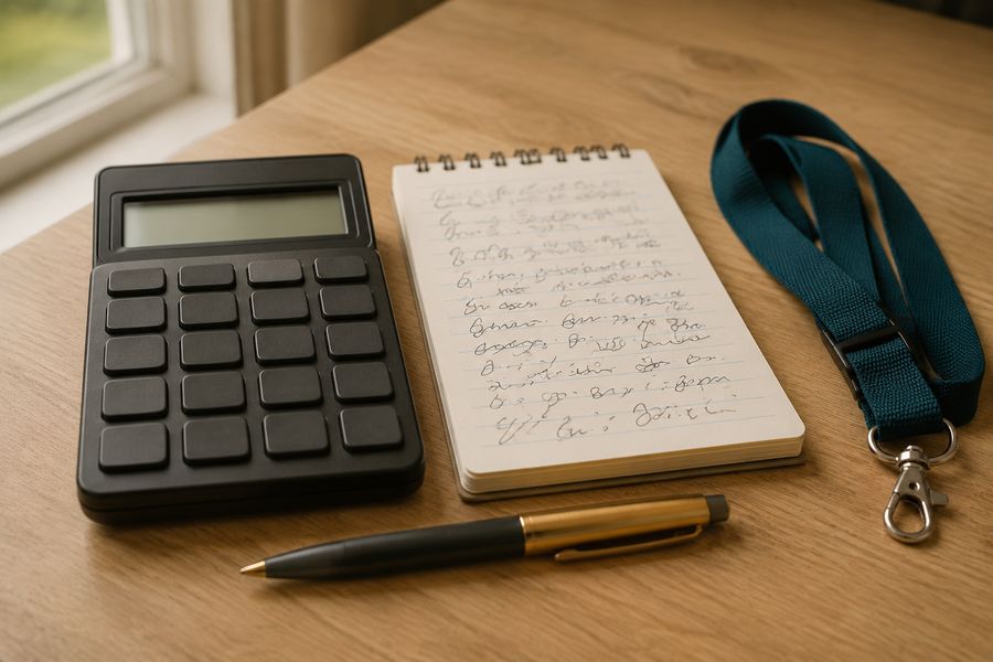 A calculator, notepad, and lanyard with a badge clip on a table