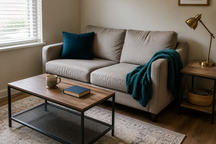 A furnished living room corner with a couch, coffee table, and lamp