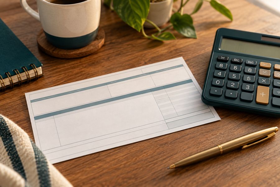 Paycheck stub and calculator on a wooden desk