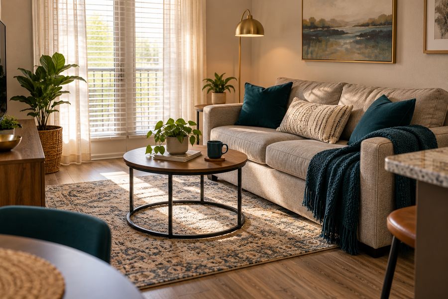 Furnished living room corner with a couch, coffee table, and lamp