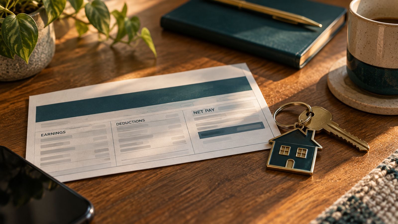 A pay stub next to a house-shaped keychain and a set of keys