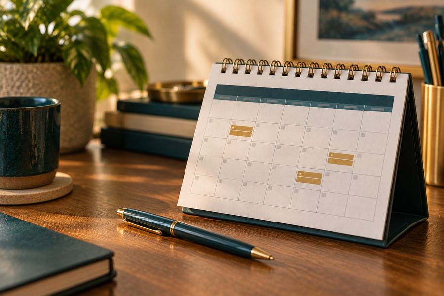 A desk calendar with several pay-period dates marked in gold