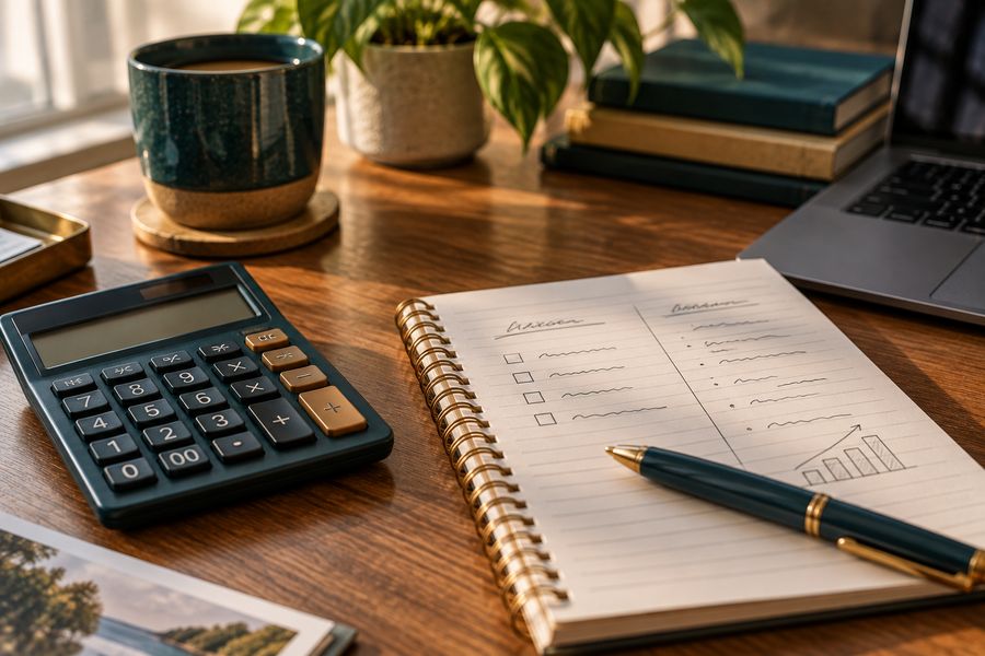 A calculator beside a notepad with handwritten lists on a desk