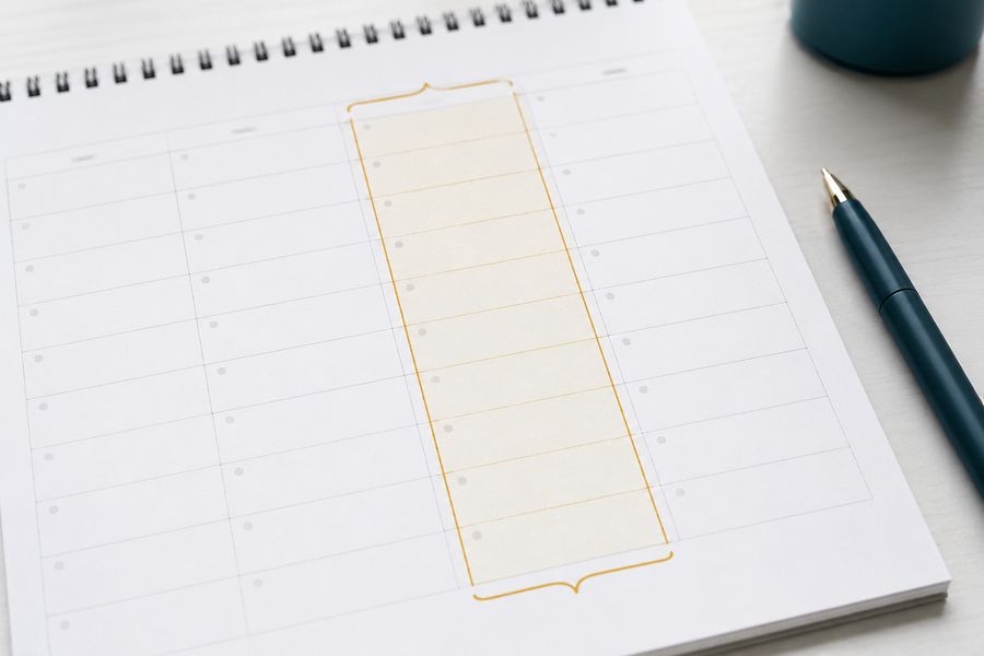 Weekly planner with a thirteen-week column highlighted in gold beside a pen
