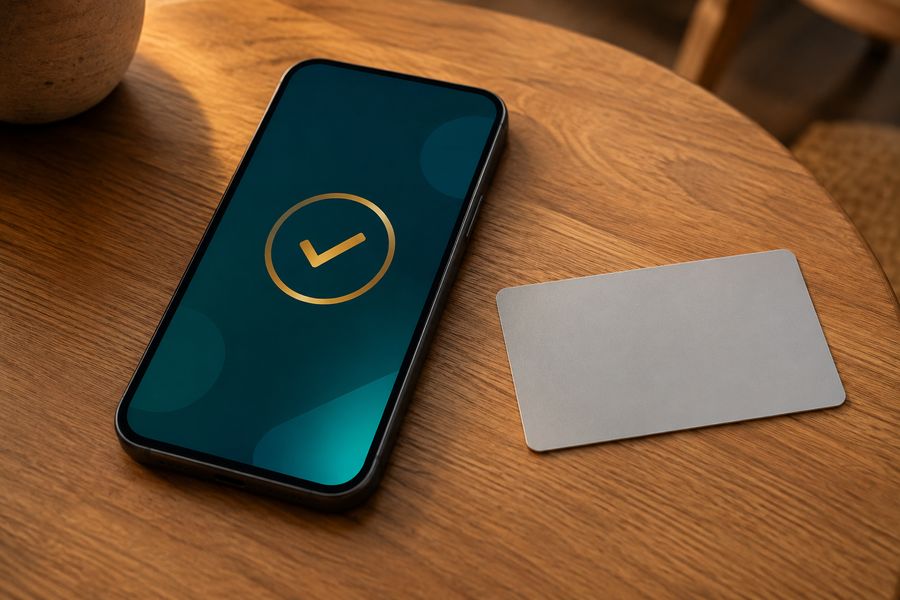 Phone showing a verification check mark next to an ID card on a wooden table