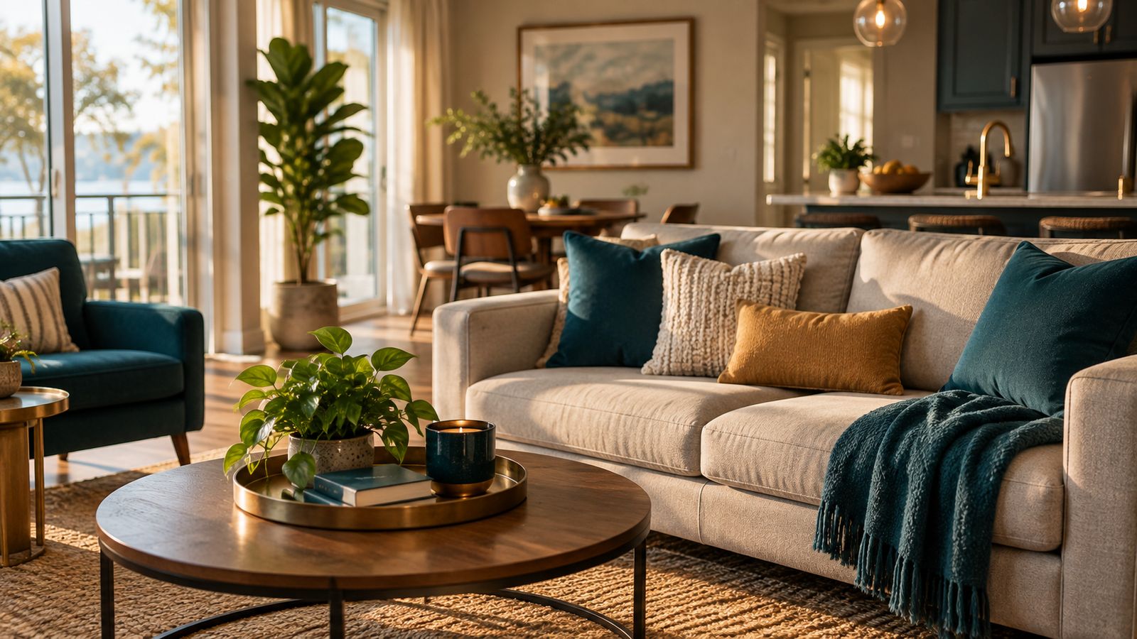 A warm, sunlit furnished living room with a sofa and kitchen in view