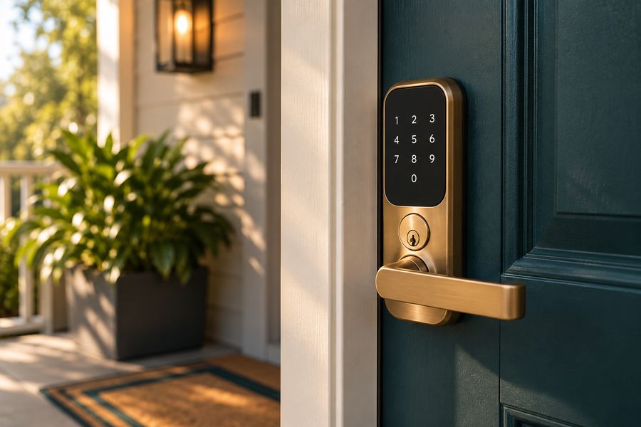 A hand entering a code on a keypad smart lock beside a brass door handle