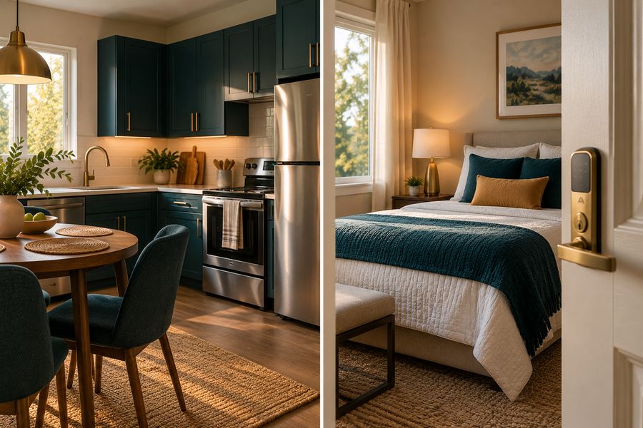 A split image comparing a full apartment kitchen with a private bedroom behind a keypad-locked door