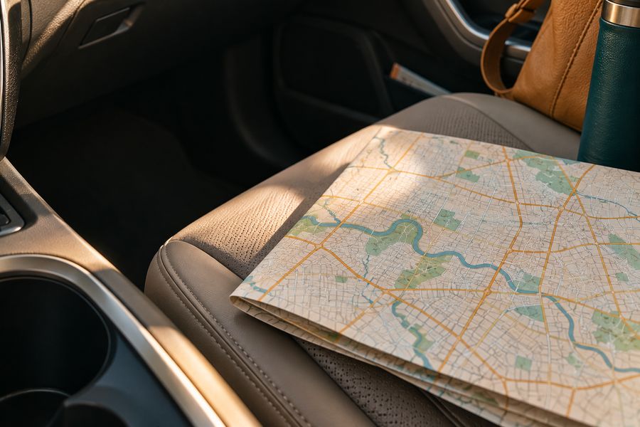Folded paper map of Houston resting on a car's passenger seat
