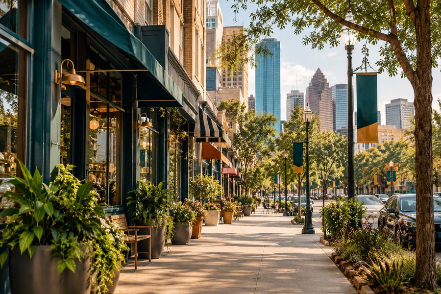 Dense walkable Houston street lined with small shopfronts and trees